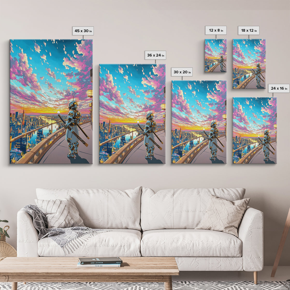 Samurai On Skyline Balcony At Pink Sunset Canvas Print, Japanese Cyberpunk Wall Art, Anime Cityscape Home Office Decor Print
