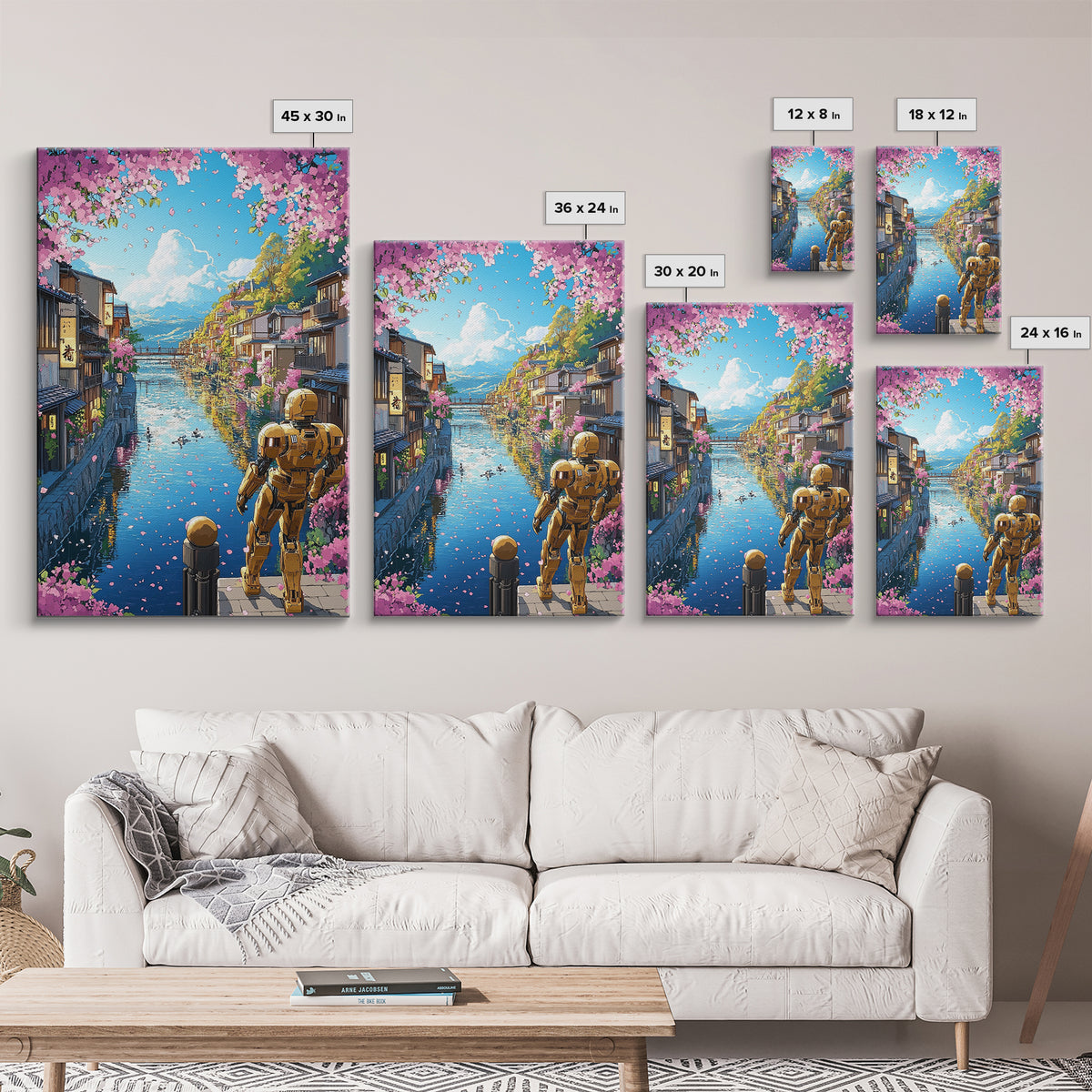 Golden Robot By Sakura Canal Wall Art, Japanese Cityscape Canvas, Futuristic Kyoto Decor, Anime Landscape Print For Living Room Decor