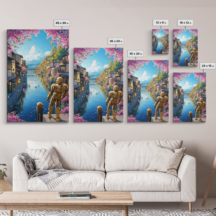 Golden Robot By Sakura Canal Wall Art, Japanese Cityscape Canvas, Futuristic Kyoto Decor, Anime Landscape Print For Living Room Decor
