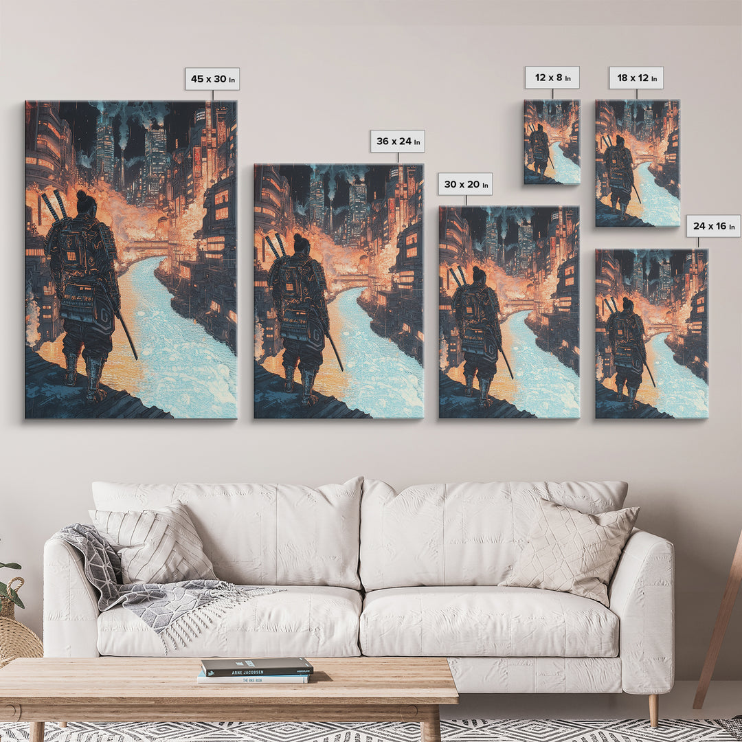 Cyberpunk Samurai Over Neon Canal Framed Canvas Print, Futuristic Japanese City Wall Decor, Sci Fi Warrior Office Art Print