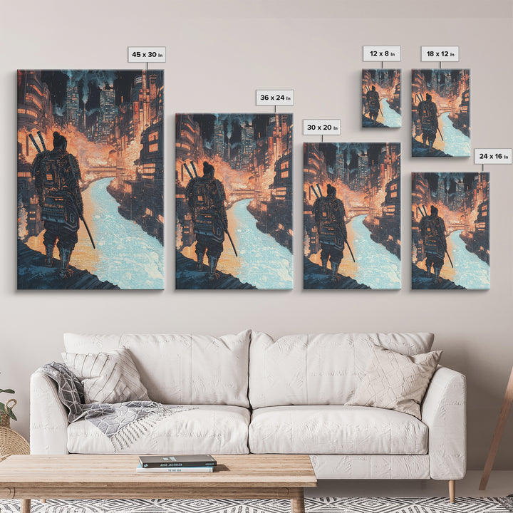 Cyberpunk Samurai Over Neon Canal Framed Canvas Print, Futuristic Japanese City Wall Decor, Sci Fi Warrior Office Art Print