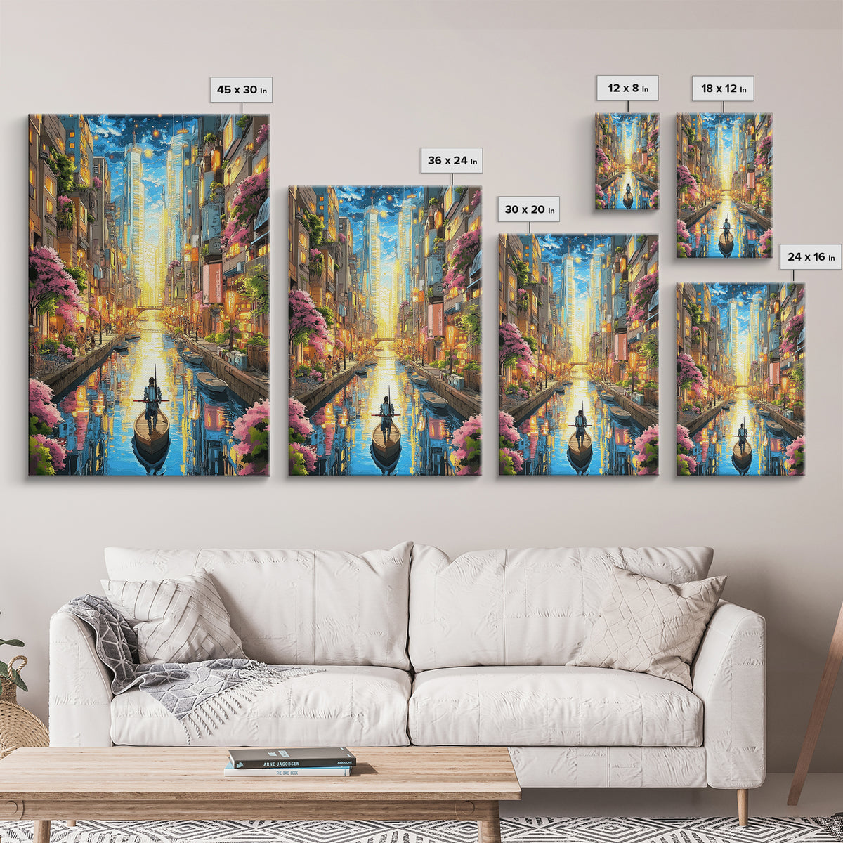 Lone Boat On Glowing Urban Canal Wall Art, Futuristic Cityscape Canvas Print, Sakura Skyline Living Room Decor, Modern Home Decor