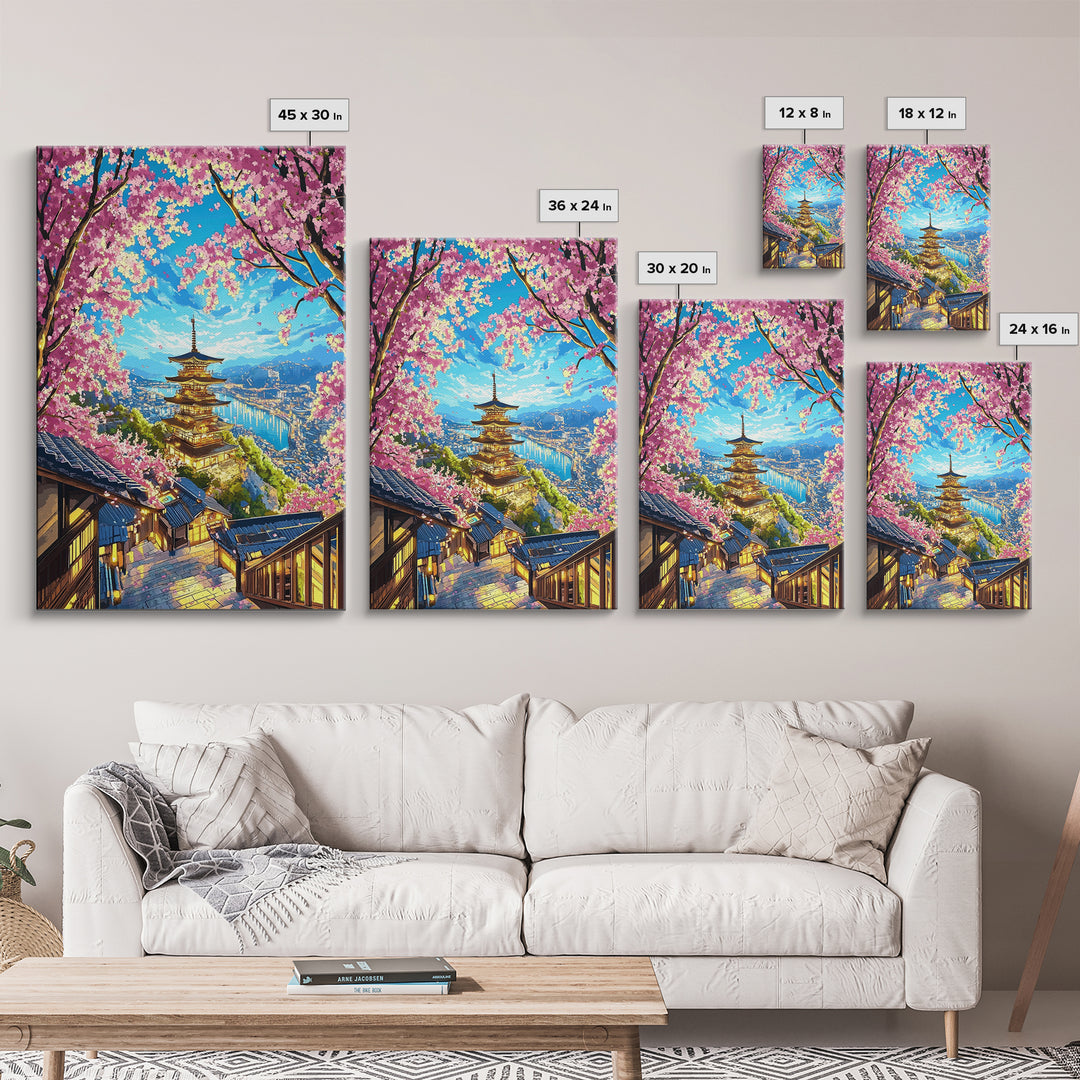 Golden Pagoda Above Blue Harbor Wall Art, Cherry Blossom Japanese Landscape Canvas Print, Kyoto Travel Home Decor Gift For Her