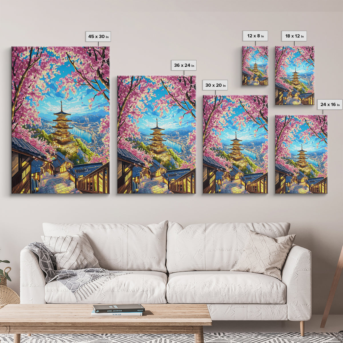 Golden Pagoda Above Blue Harbor Wall Art, Cherry Blossom Japanese Landscape Canvas Print, Kyoto Travel Home Decor Gift For Her