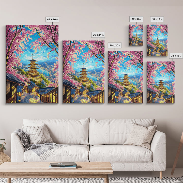 Golden Pagoda Above Blue Harbor Wall Art, Cherry Blossom Japanese Landscape Canvas Print, Kyoto Travel Home Decor Gift For Her