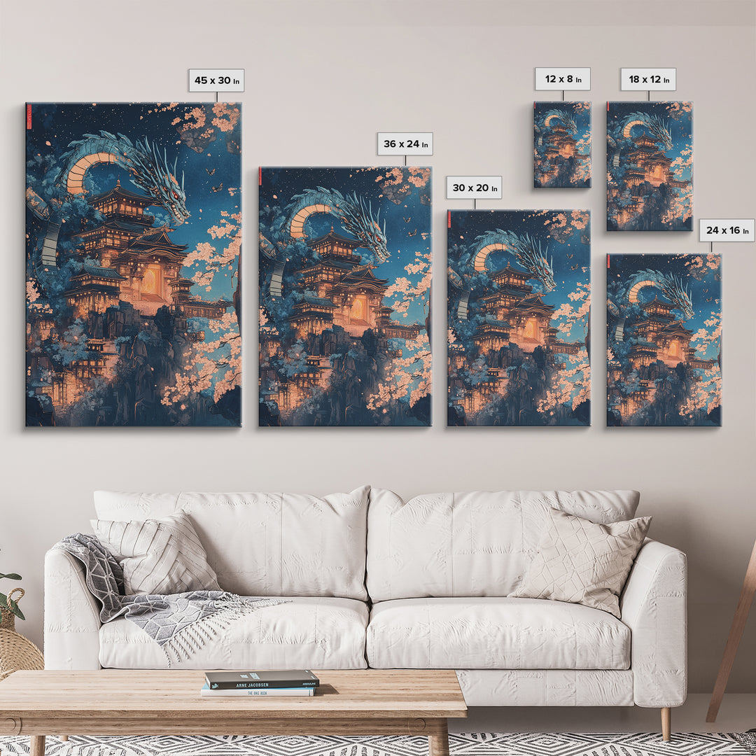 Moonlit Dragon Over Ancient Castle Canvas Print, Japanese Fantasy Wall Art, Sakura Nightscape Gothic Home Decor Mythical Gift