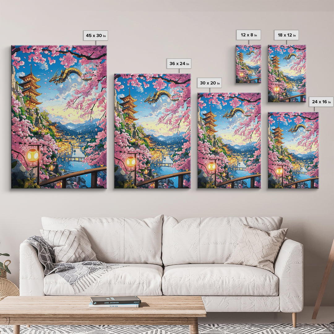 Flying Dragon Above Sakura Pagoda Framed Canvas Print, Japanese Fantasy Landscape Wall Art, Pink Cherry Blossom Decor Print