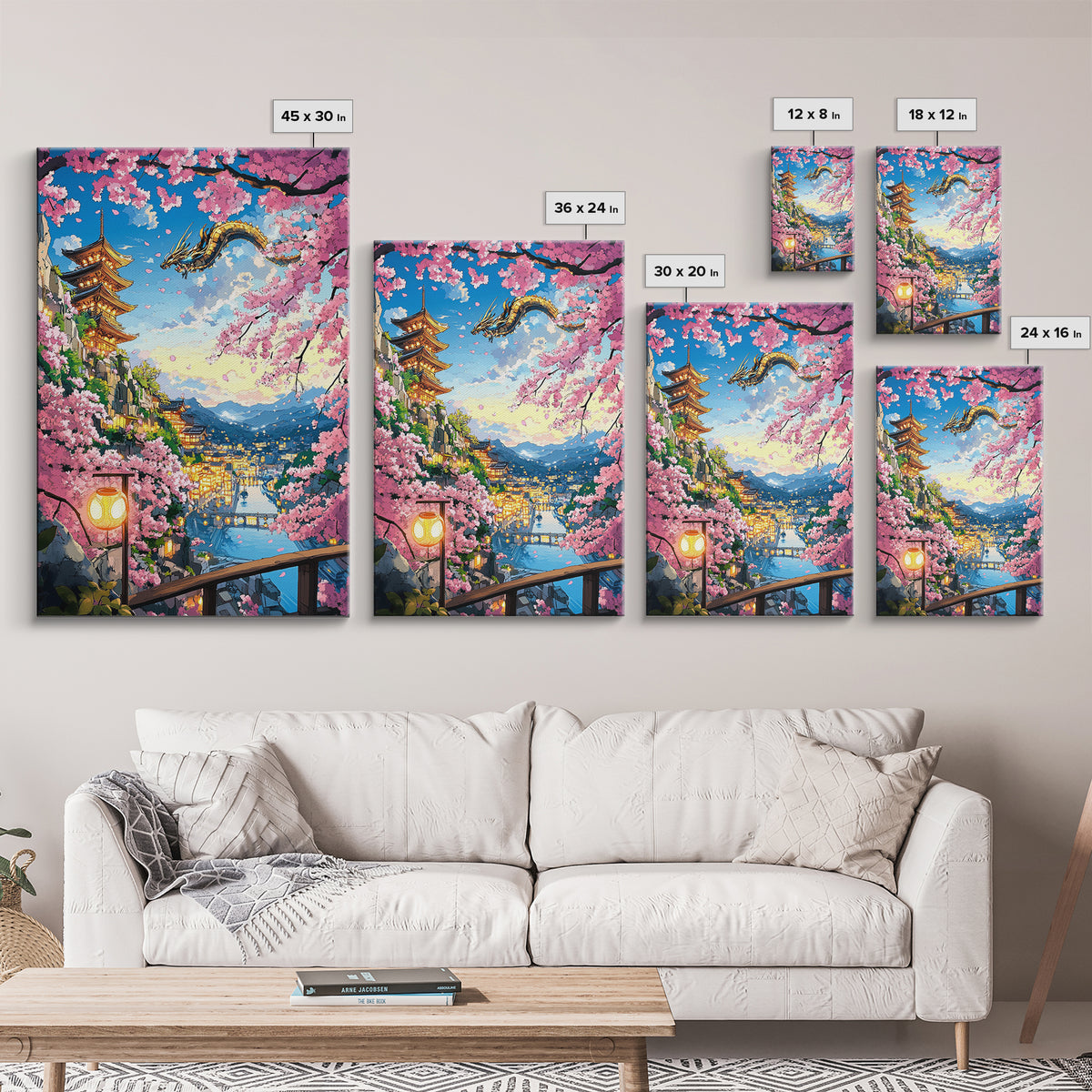 Flying Dragon Above Sakura Pagoda Framed Canvas Print, Japanese Fantasy Landscape Wall Art, Pink Cherry Blossom Decor Print