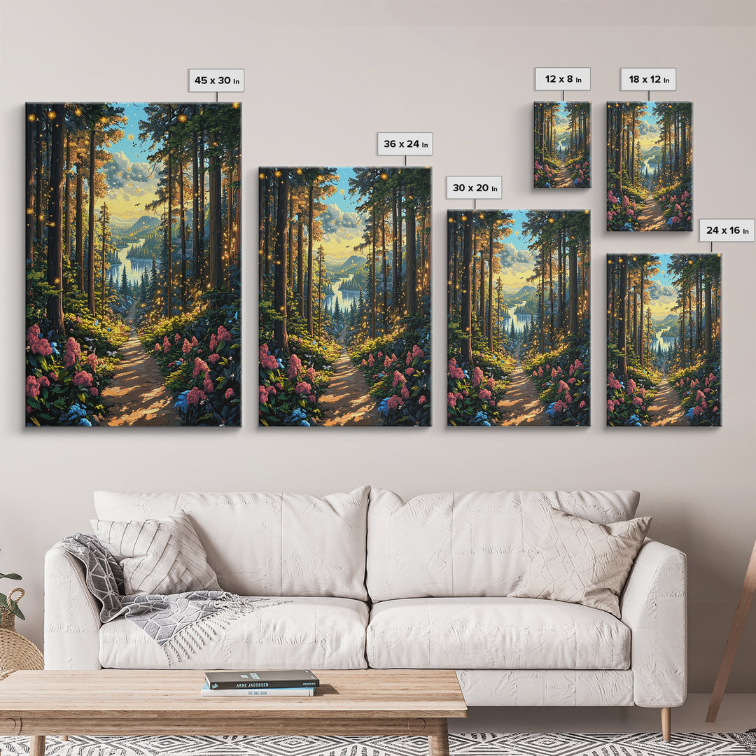 Enchanted Forest Path With Fireflies Wall Art, Mountain Lake Canvas Print, Whimsical Nature Landscape Home Decor Gift For Her