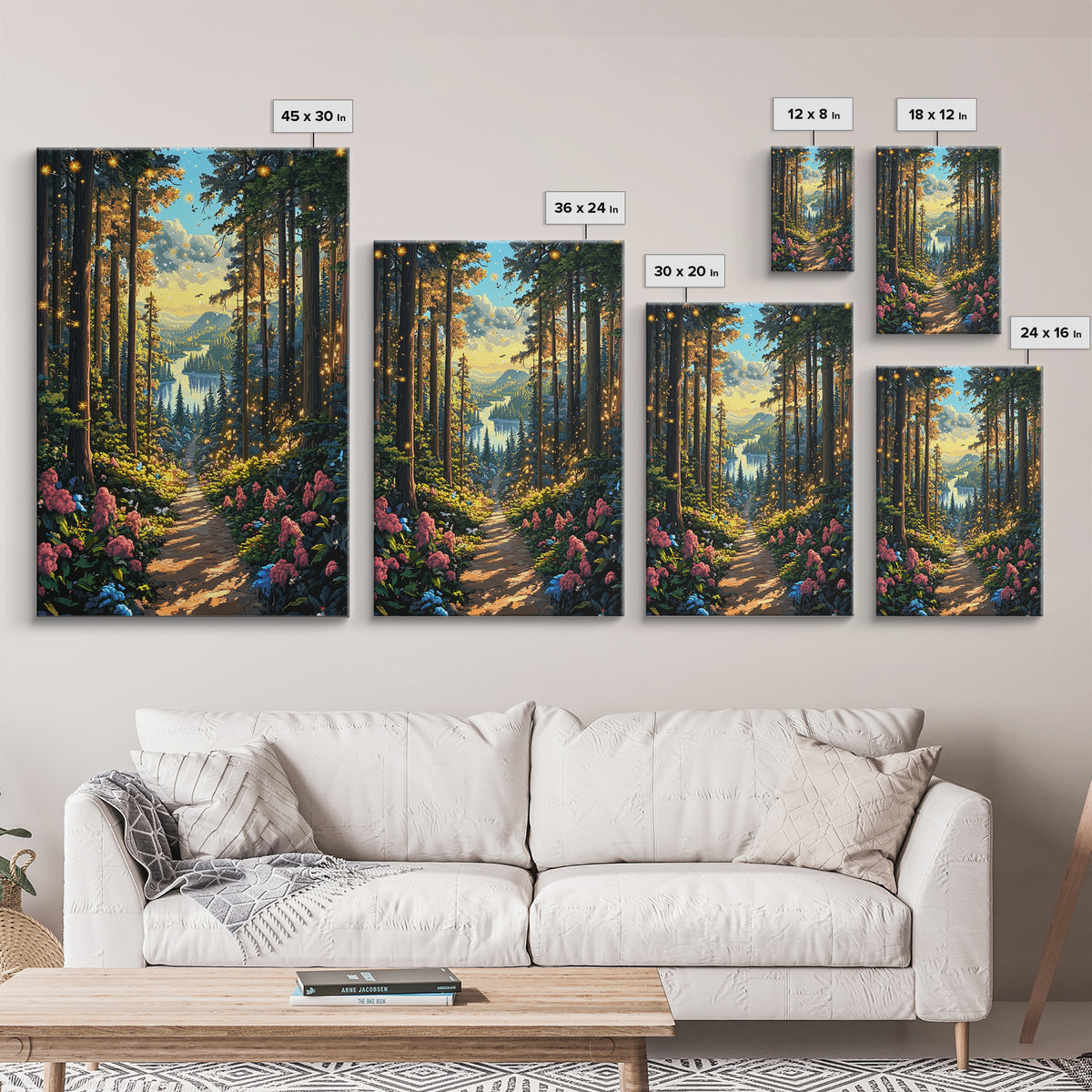 Enchanted Forest Path With Fireflies Wall Art, Mountain Lake Canvas Print, Whimsical Nature Landscape Home Decor Gift For Her