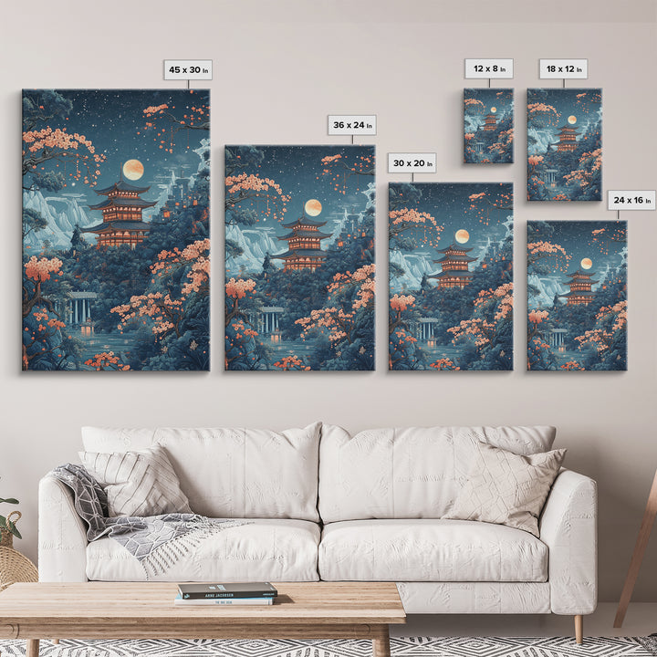 Moonlit Pagoda In Sakura Garden Framed Canvas Print, Japanese Night Landscape Wall Art, Celestial Asian Home Decor Moon Art