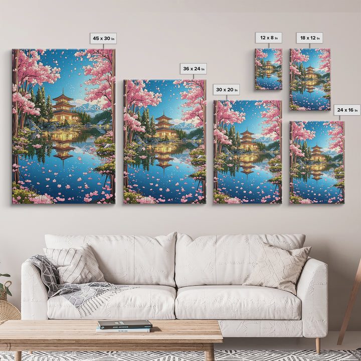 Cherry Blossom Pagoda Lake Reflection Wall Art, Japanese Landscape Canvas, Sakura Temple Decor, Serene Asian Home Decor Print