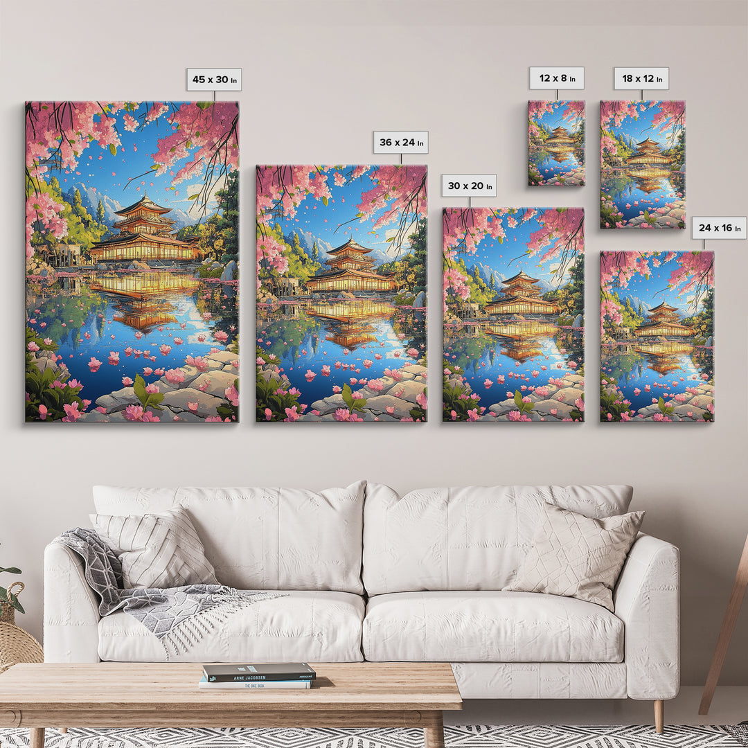 Golden Sakura Temple Reflection Canvas Print, Japanese Garden Wall Decor, Cherry Blossom Lake Art For Serene Home Decor Gift