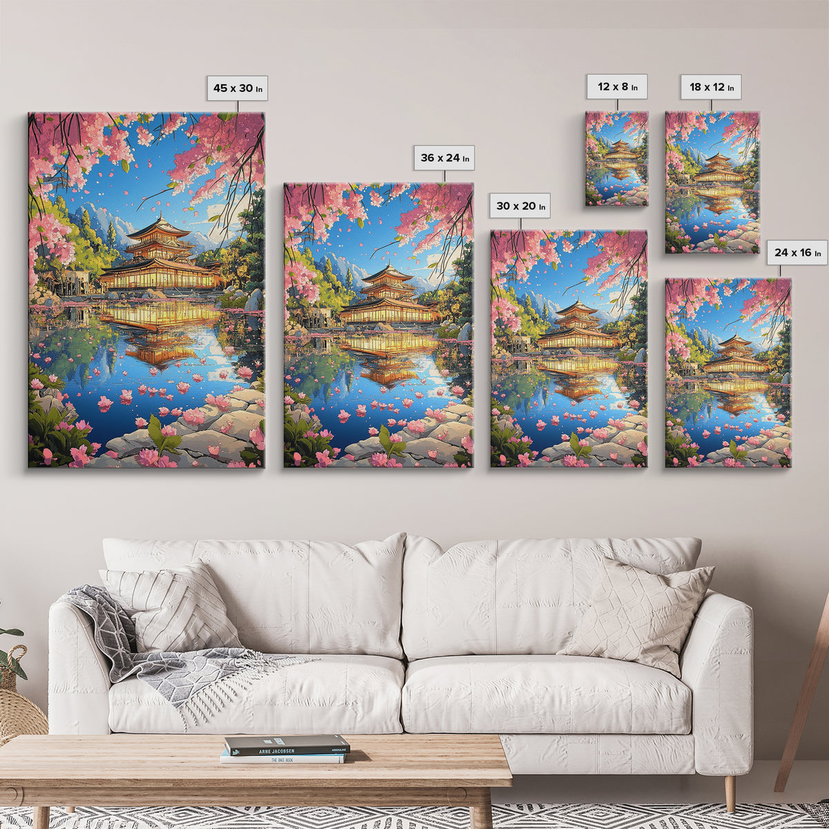 Golden Sakura Temple Reflection Canvas Print, Japanese Garden Wall Decor, Cherry Blossom Lake Art For Serene Home Decor Gift