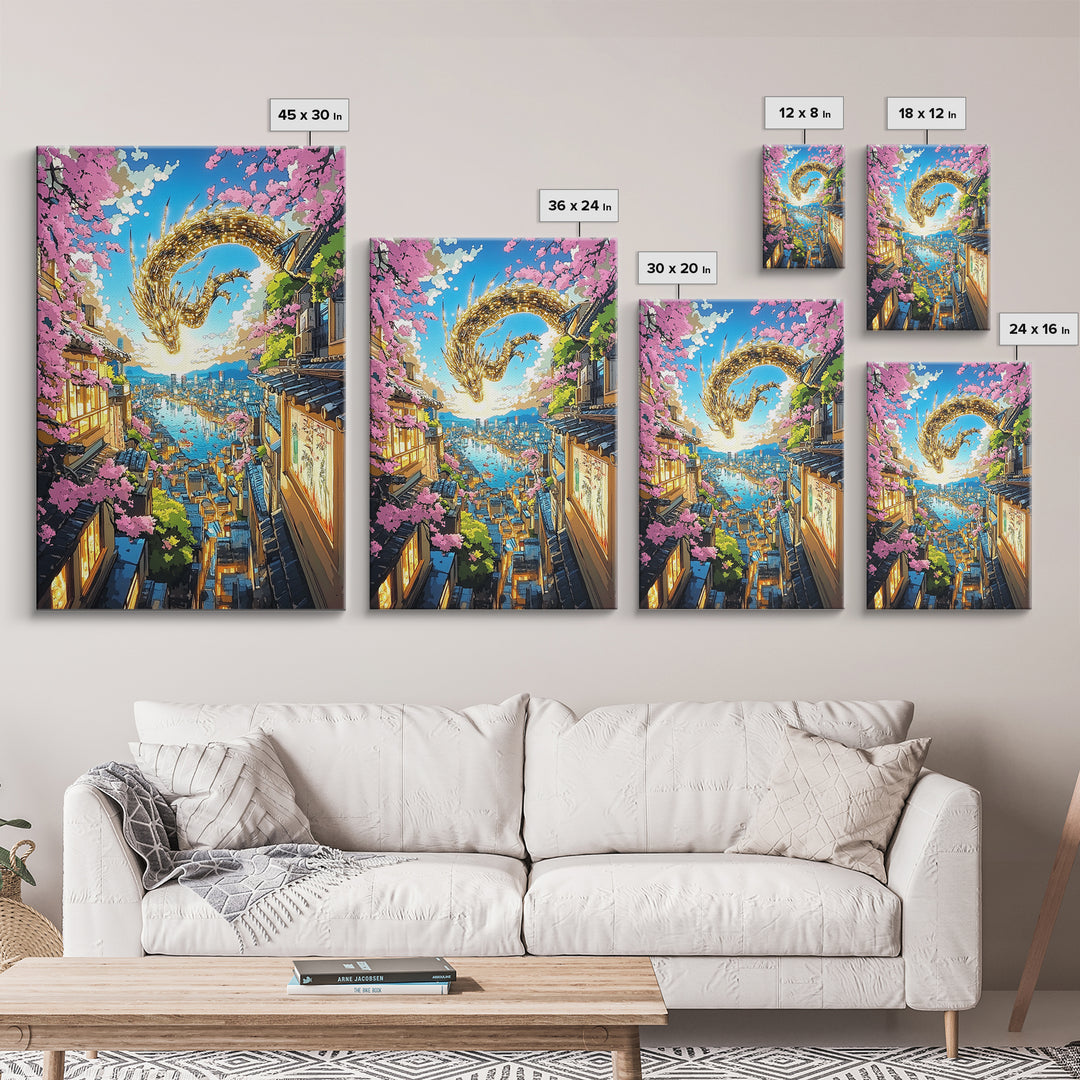Golden Dragon Over Sakura Harbor Wall Art, Fantasy Japanese Cityscape Print, Cherry Blossom Decor For Asian Home Decor Gift