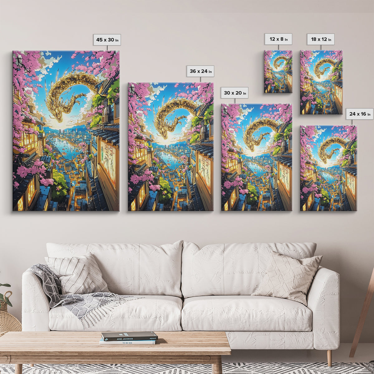 Golden Dragon Over Sakura Harbor Wall Art, Fantasy Japanese Cityscape Print, Cherry Blossom Decor For Asian Home Decor Gift