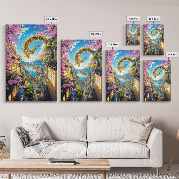 Golden Dragon Over Sakura Harbor Wall Art, Fantasy Japanese Cityscape Print, Cherry Blossom Decor For Asian Home Decor Gift