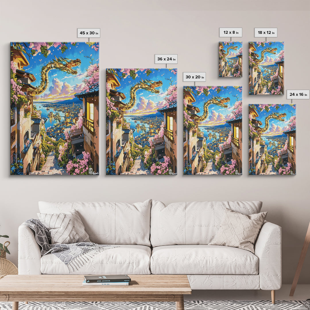 Serpentine Dragon Above Coastal Village Canvas Print, Japanese Fantasy Wall Decor, Sakura Sunset Art For Bold Home Decor