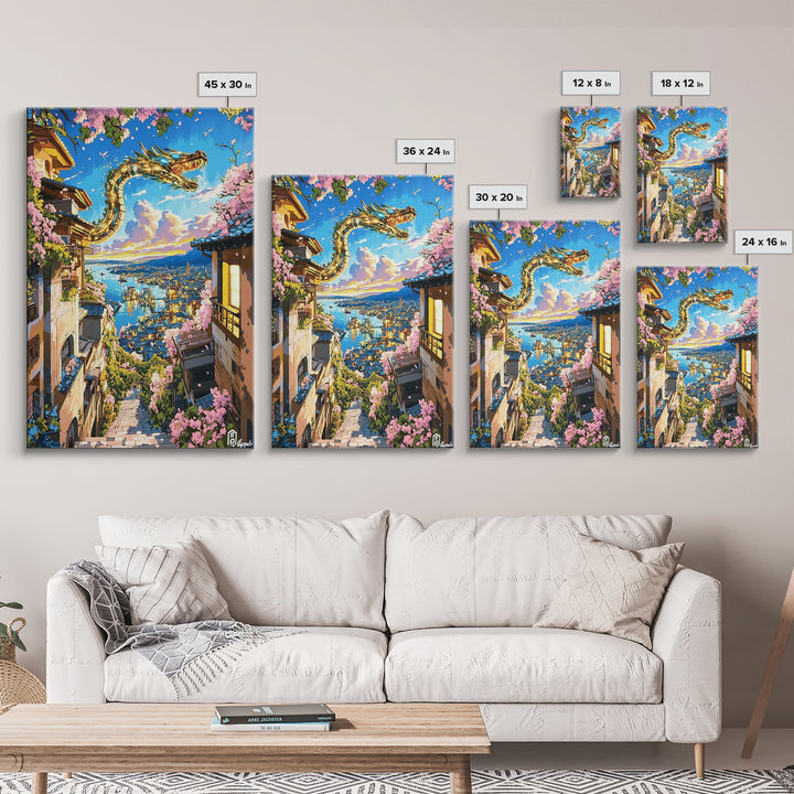 Serpentine Dragon Above Coastal Village Canvas Print, Japanese Fantasy Wall Decor, Sakura Sunset Art For Bold Home Decor