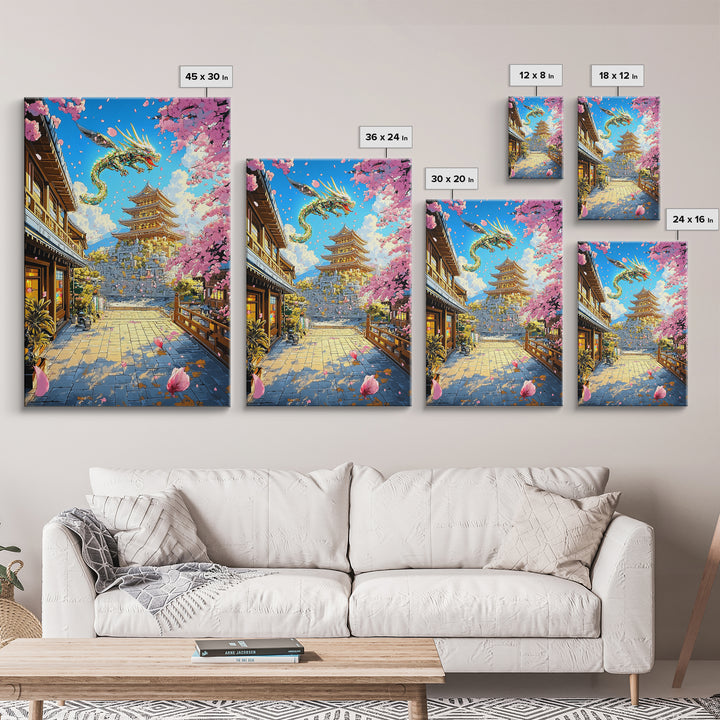 Golden Dragon Over Sakura Pagoda Framed Canvas Print, Japanese Fantasy Wall Art, Cherry Blossom Temple Decor For Living Room