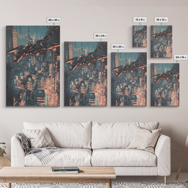 Cyberpunk Mechanical Dragon Over Neon City Wall Art, Futuristic Sci Fi Canvas, Dystopian Urban Decor For Gaming Room Poster