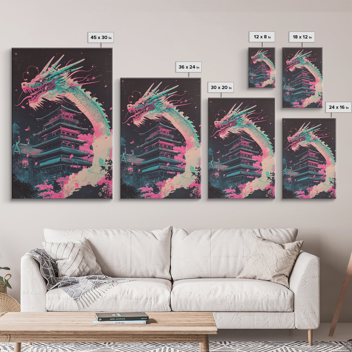 Neon Dragon Rising Over Midnight Pagoda Canvas Print, Japanese Cyberpunk Wall Art, Pink Sakura Fantasy Decor For Gaming Room