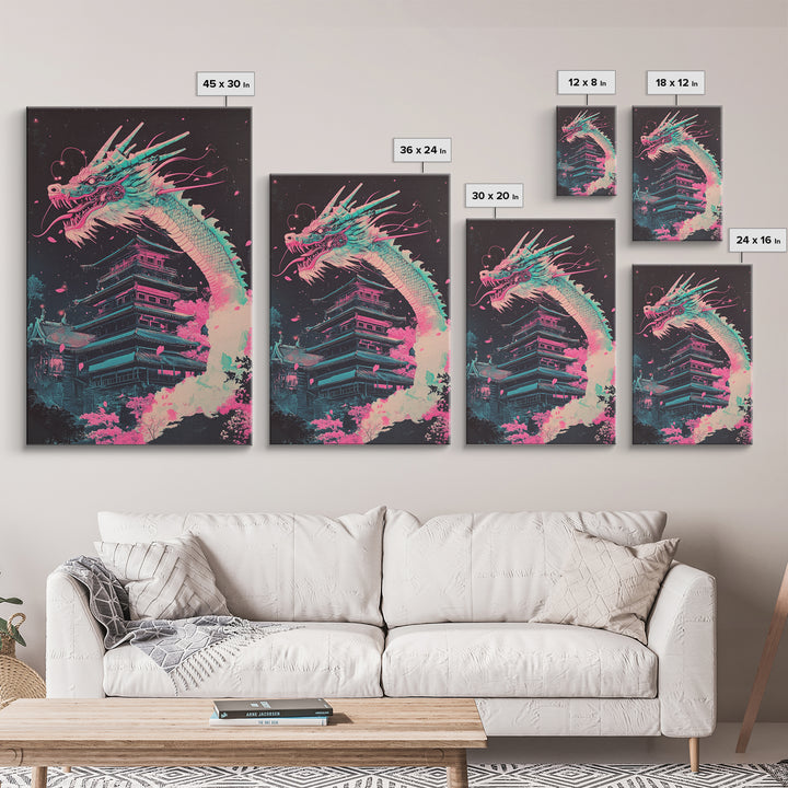 Neon Dragon Rising Over Midnight Pagoda Canvas Print, Japanese Cyberpunk Wall Art, Pink Sakura Fantasy Decor For Gaming Room