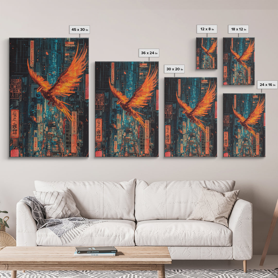 Fiery Phoenix Flying Through Neon Alley Wall Art, Cyberpunk City Canvas, Orange Bird Poster For Modern Office Decor Gift