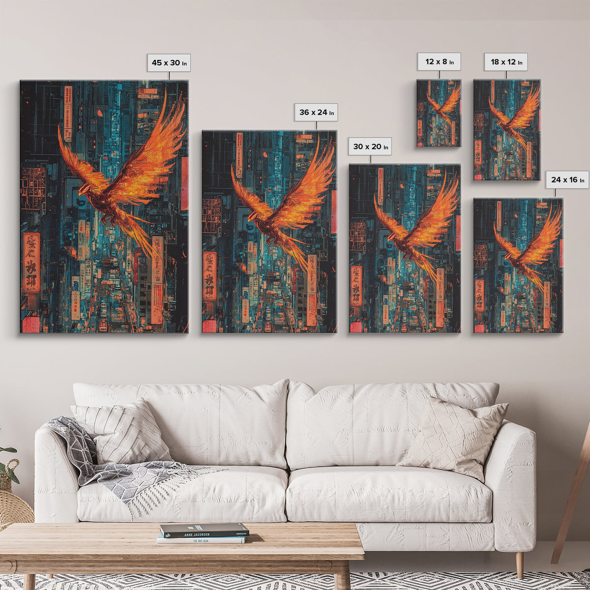 Fiery Phoenix Flying Through Neon Alley Wall Art, Cyberpunk City Canvas, Orange Bird Poster For Modern Office Decor Gift
