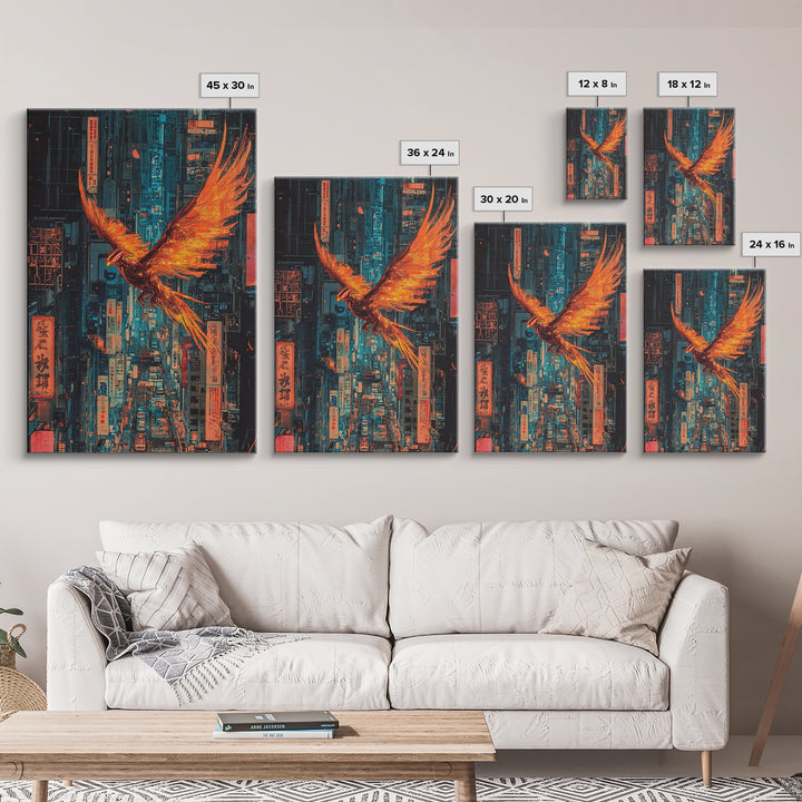 Fiery Phoenix Flying Through Neon Alley Wall Art, Cyberpunk City Canvas, Orange Bird Poster For Modern Office Decor Gift