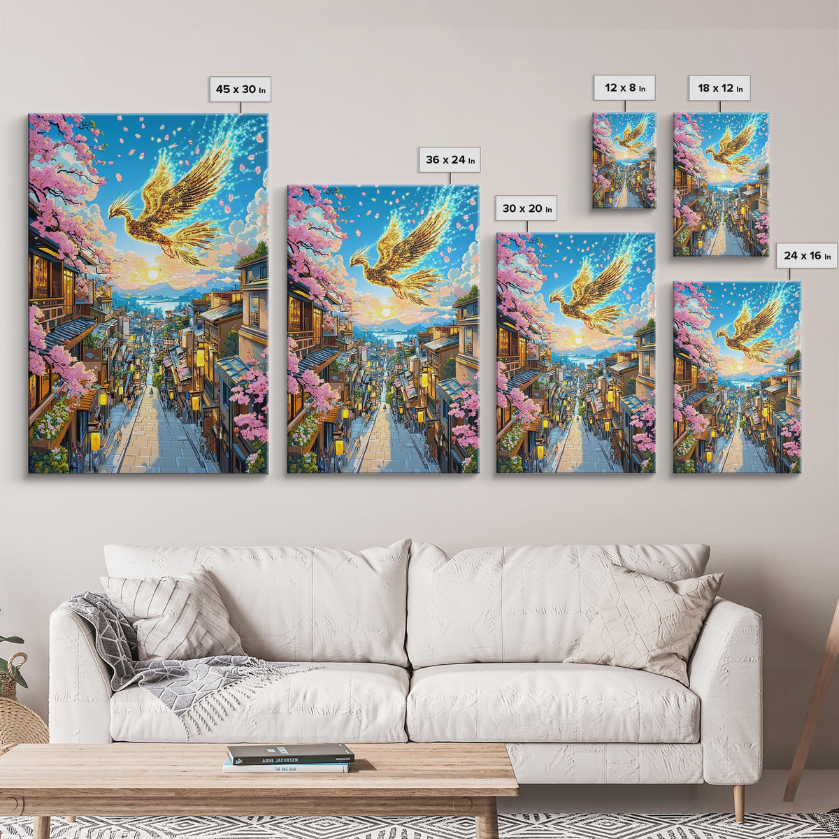 Golden Phoenix Over Sakura Hillside Town Framed Canvas Print, Japanese Fantasy Wall Art, Cherry Blossom Sunrise Decor For Home