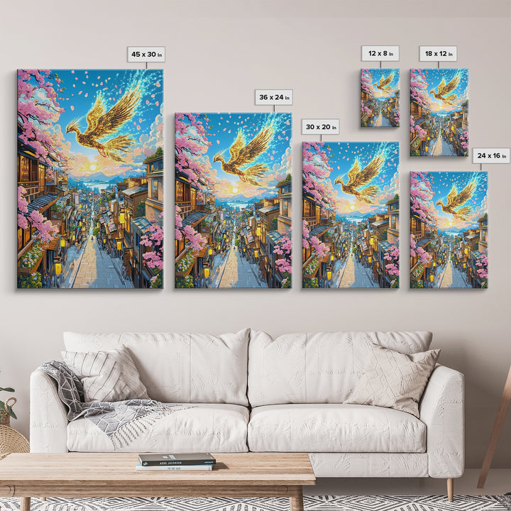 Golden Phoenix Over Sakura Hillside Town Framed Canvas Print, Japanese Fantasy Wall Art, Cherry Blossom Sunrise Decor For Home