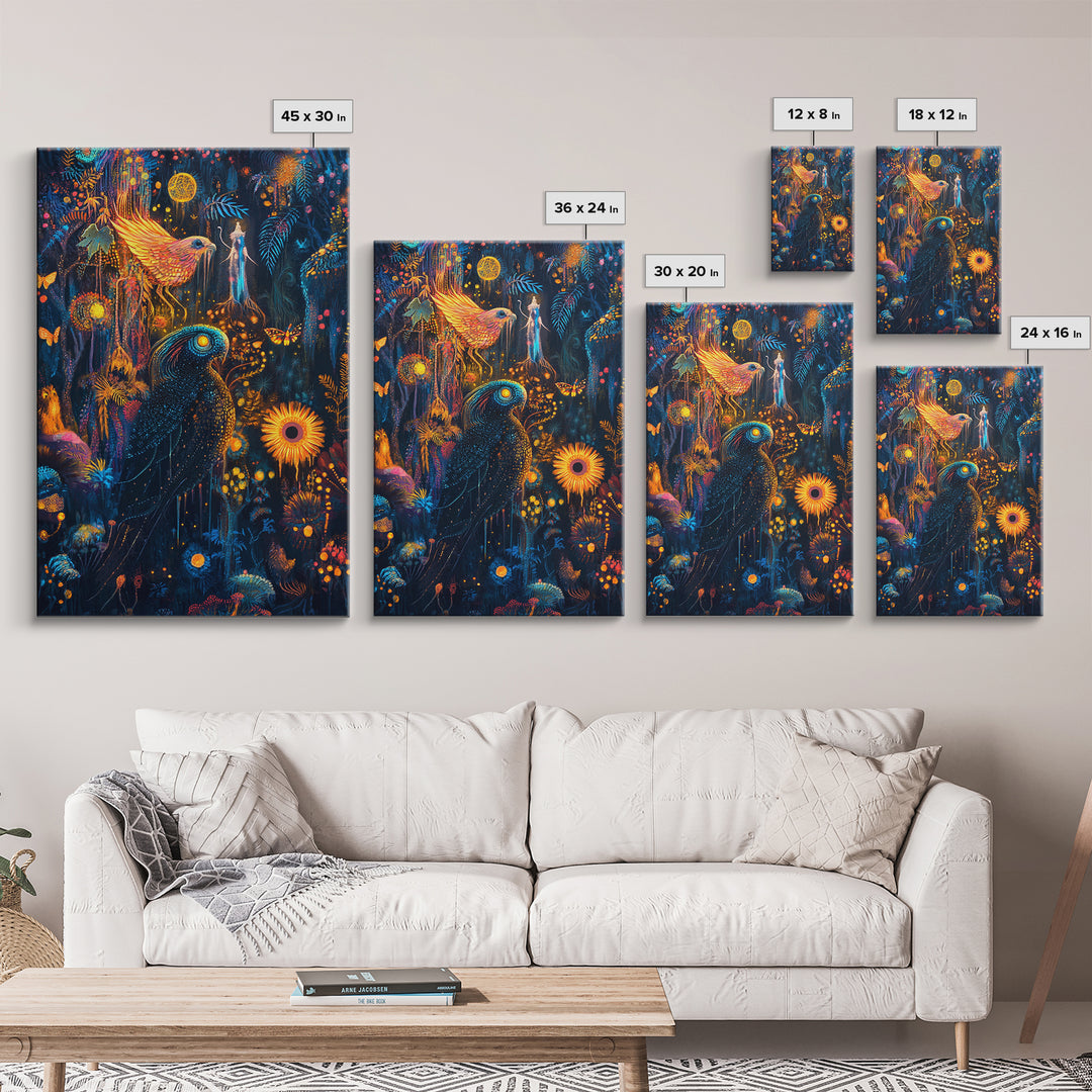 Luminous Birds In Enchanted Jungle Wall Art, Whimsical Fantasy Canvas, Celestial Moon Decor For Boho Maximalist Home Decor