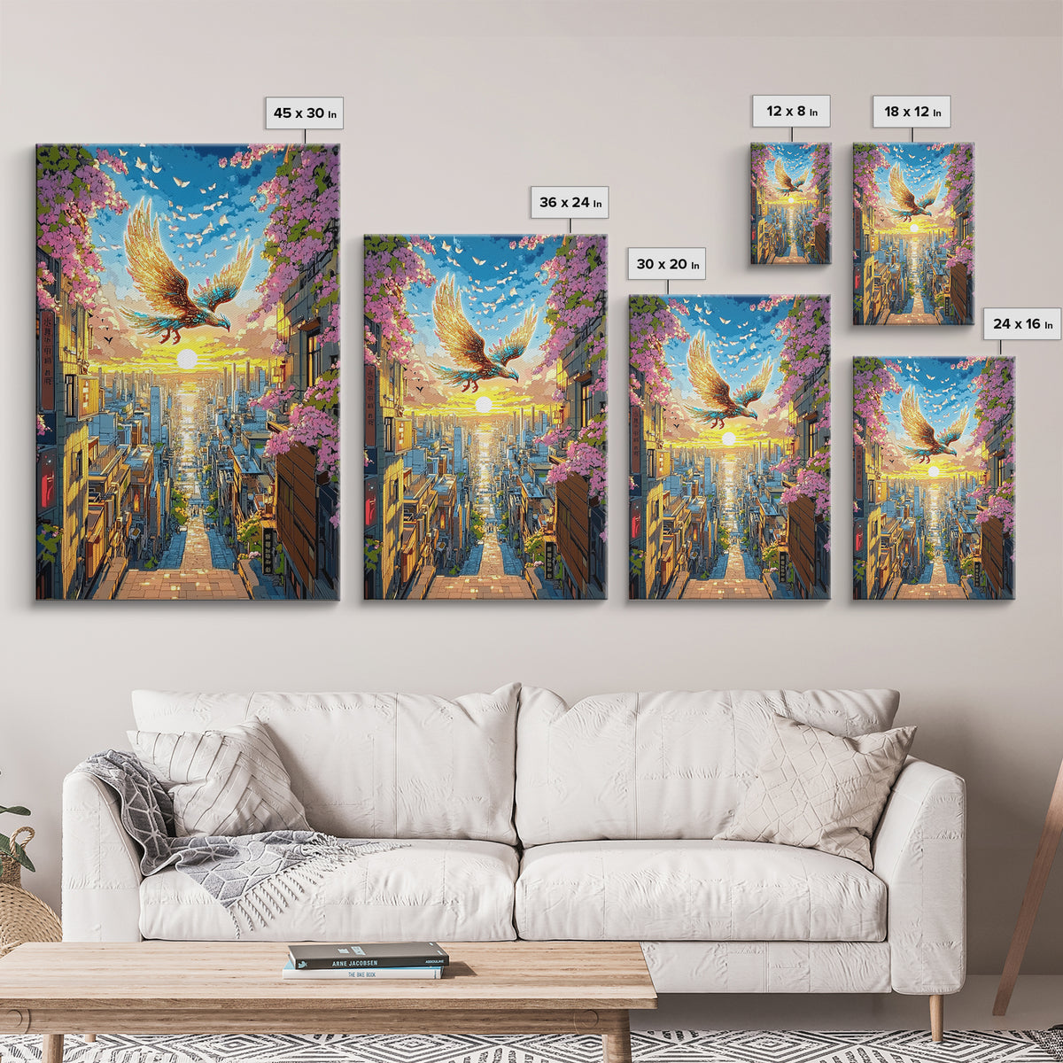 Golden Phoenix Over Sakura City Wall Art, Japanese Fantasy Art Print, Colorful Wall Art, Living Room Wall Decor, Housewarming Gift