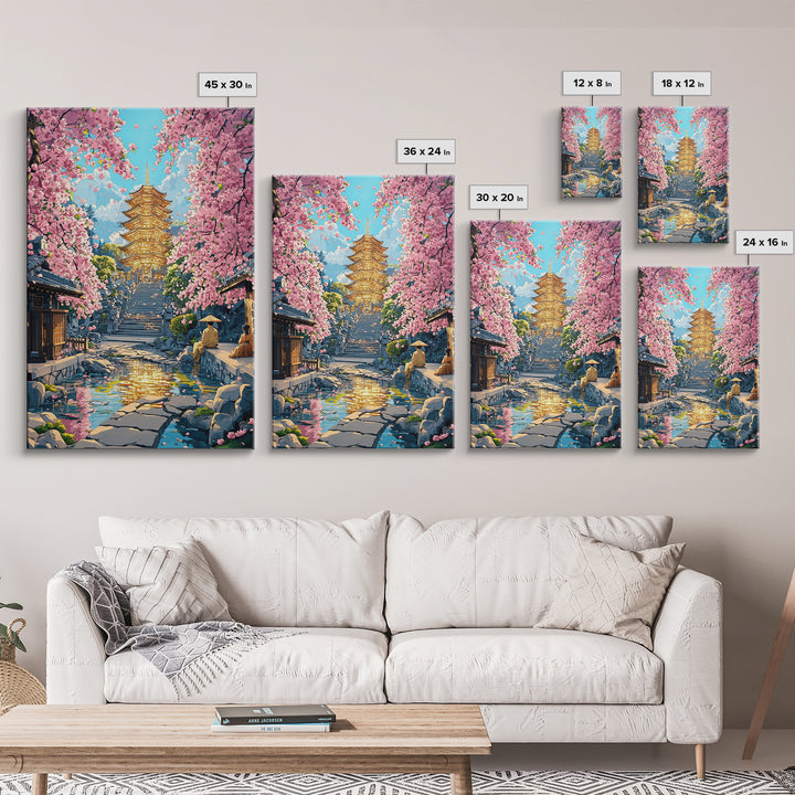 Golden Pagoda Cherry Blossom Framed Canvas Print, Japanese Wall Art, Serene Zen Decor, Living Room Wall Decor, Housewarming Gift For Her