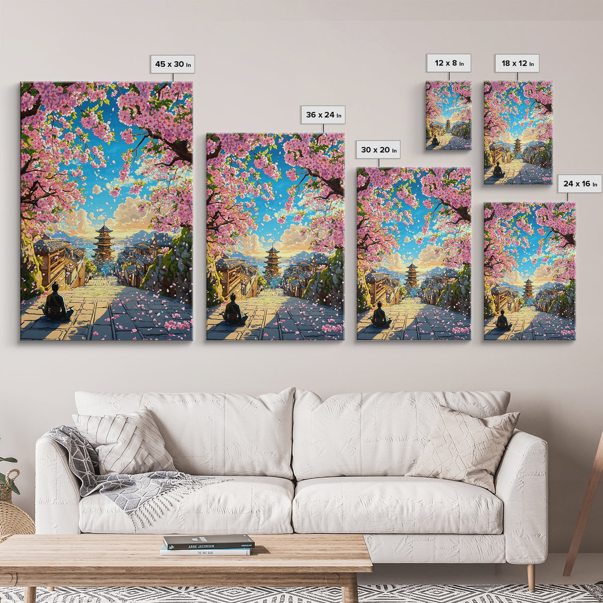 Cherry Blossom Steps To Ocean Pagoda Wall Art, Japanese Landscape Print, Coastal Home Decor, Tranquil Living Room Art, Gift For Her