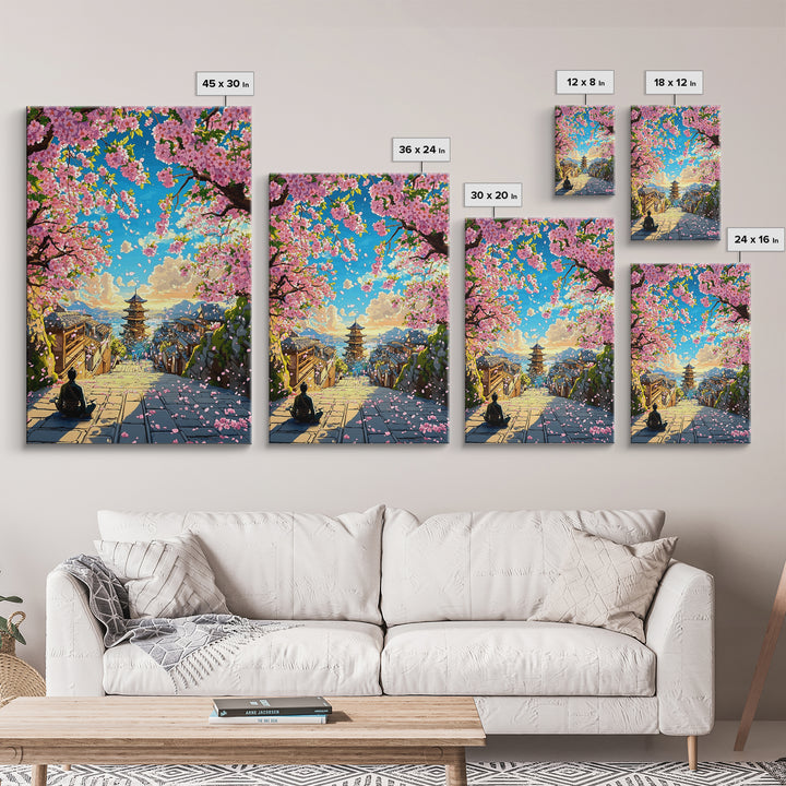 Cherry Blossom Steps To Ocean Pagoda Wall Art, Japanese Landscape Print, Coastal Home Decor, Tranquil Living Room Art, Gift For Her