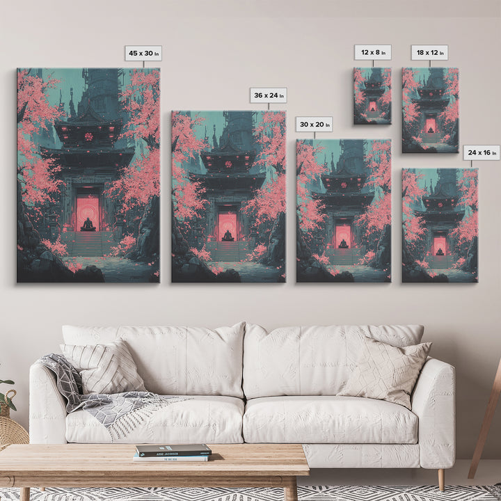 Neon Portal Temple With Pink Sakura Canvas Print, Cyberpunk Wall Art, Japanese Sci Fi Decor, Moody Office Wall Decor For Him