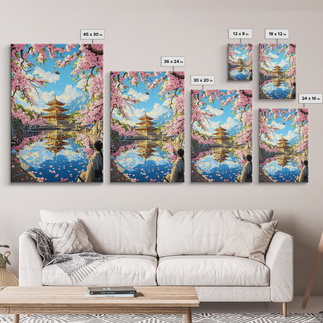 Golden Pagoda Reflected In Sakura Lake Framed Canvas Print, Japanese Wall Art, Mountain Landscape, Serene Zen Decor, Living Room Art