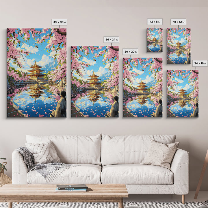 Golden Pagoda Reflected In Sakura Lake Framed Canvas Print, Japanese Wall Art, Mountain Landscape, Serene Zen Decor, Living Room Art
