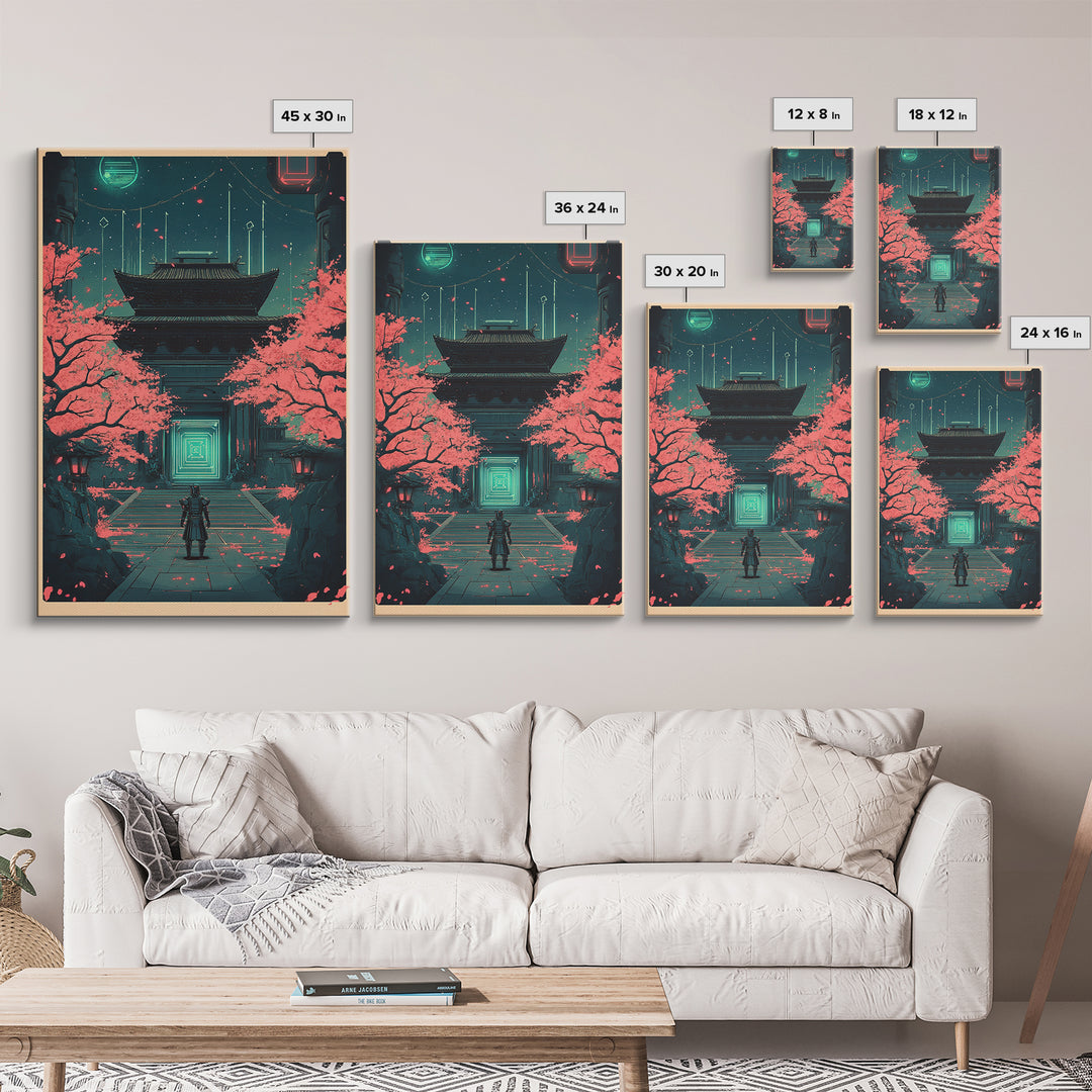 Neon Samurai At Sakura Temple Canvas Print, Cyberpunk Japanese Wall Art, Sci Fi Decor, Gaming Room Wall Decor Gift For Him