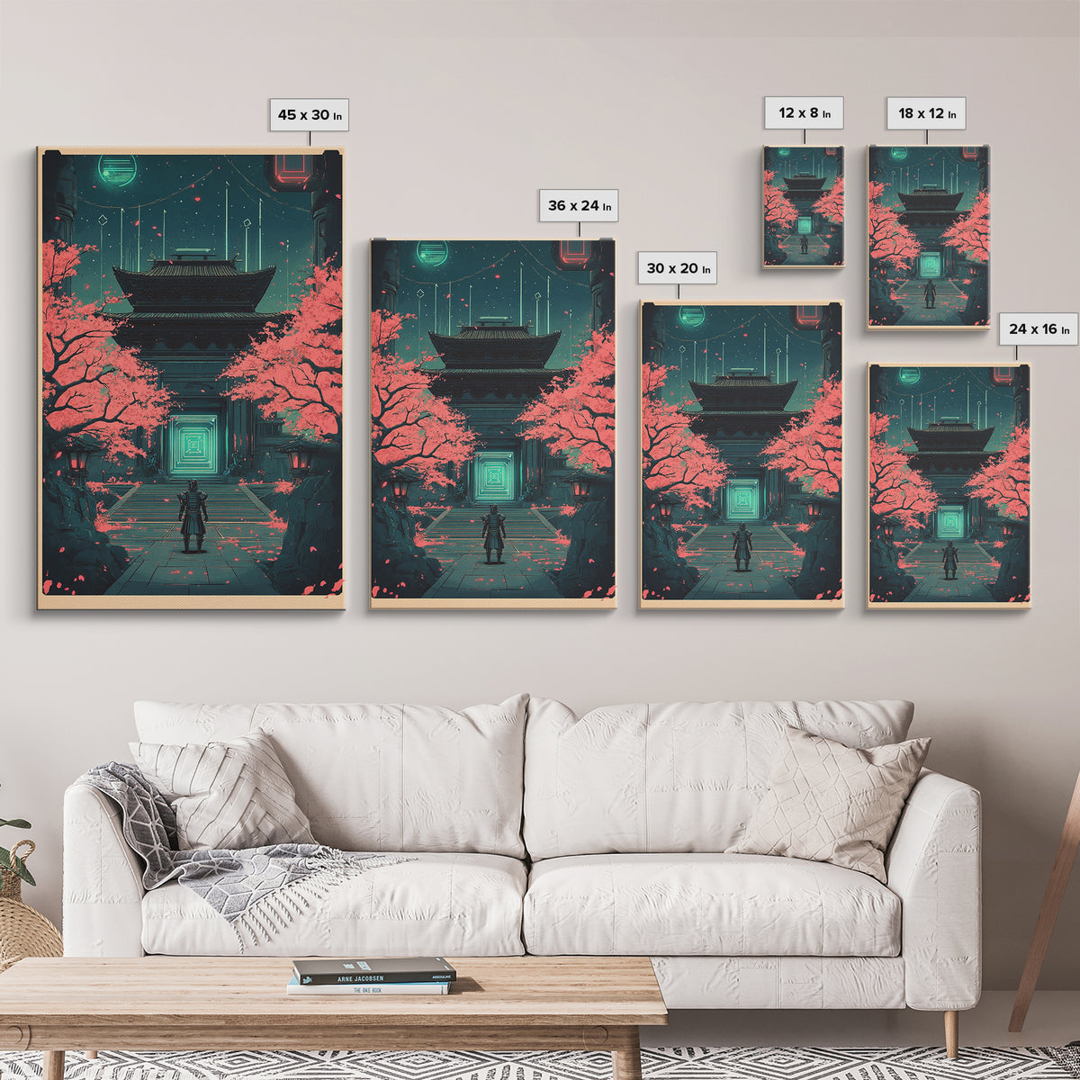 Neon Samurai At Sakura Temple Canvas Print, Cyberpunk Japanese Wall Art, Sci Fi Decor, Gaming Room Wall Decor Gift For Him