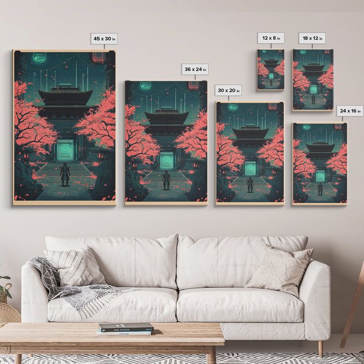 Neon Samurai At Sakura Temple Canvas Print, Cyberpunk Japanese Wall Art, Sci Fi Decor, Gaming Room Wall Decor Gift For Him