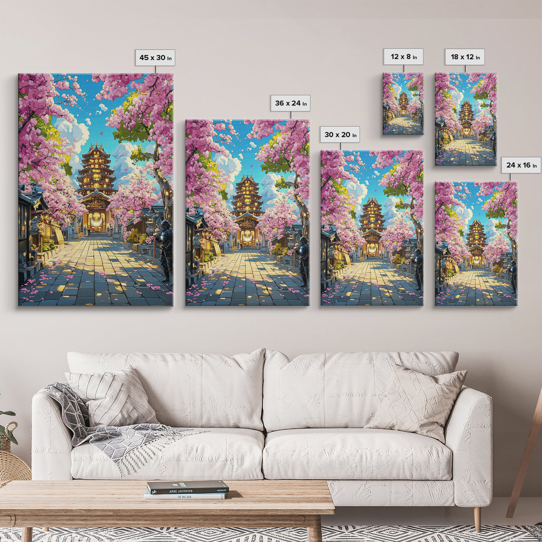 Illuminated Pagoda Under Pink Sakura Wall Art, Japanese Temple Print, Vibrant Spring Decor, Living Room Wall Decor, Gift For Her