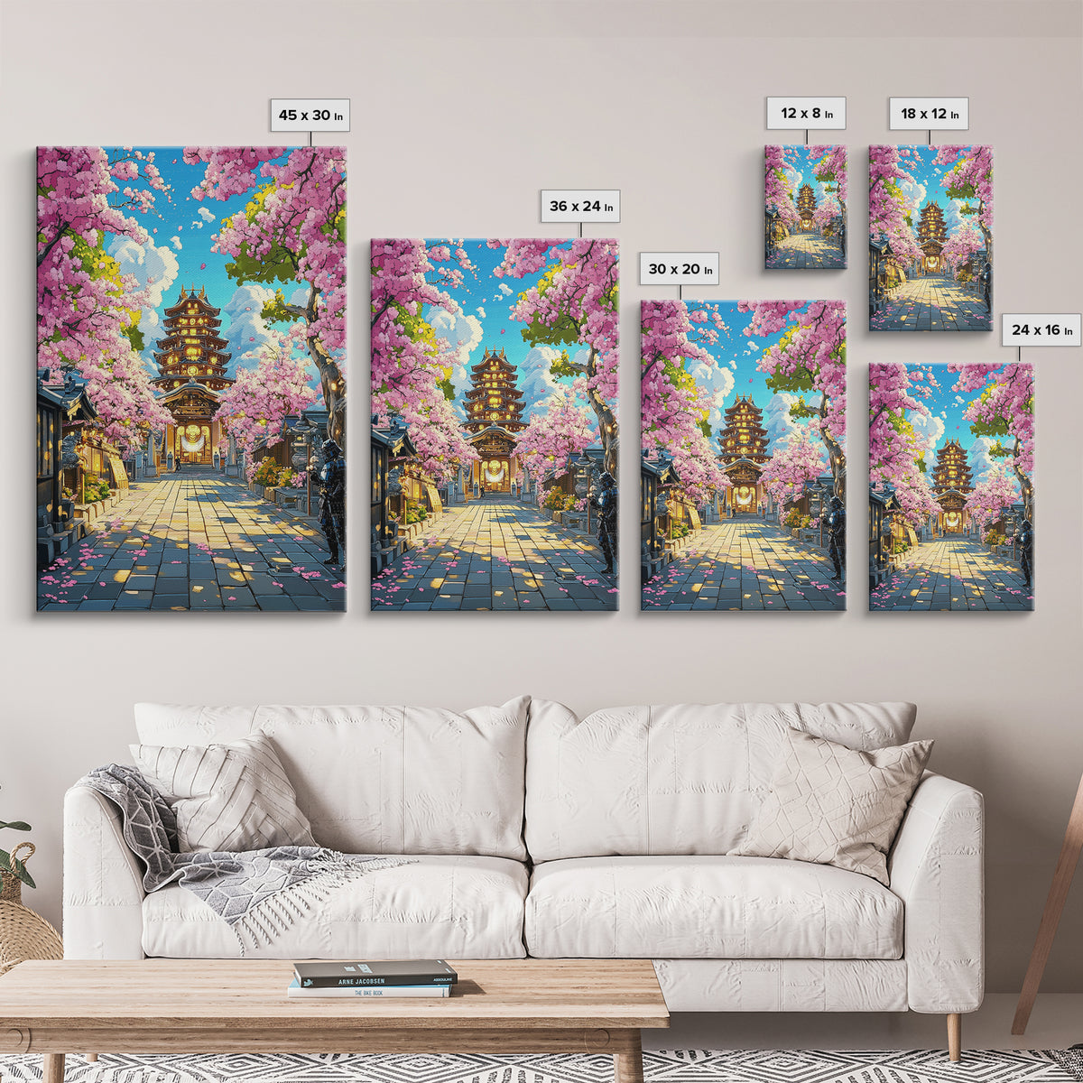 Illuminated Pagoda Under Pink Sakura Wall Art, Japanese Temple Print, Vibrant Spring Decor, Living Room Wall Decor, Gift For Her