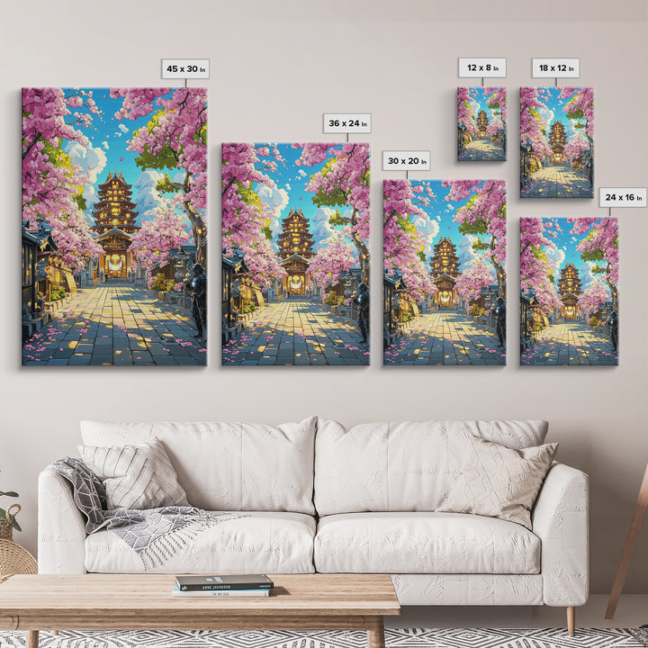 Illuminated Pagoda Under Pink Sakura Wall Art, Japanese Temple Print, Vibrant Spring Decor, Living Room Wall Decor, Gift For Her