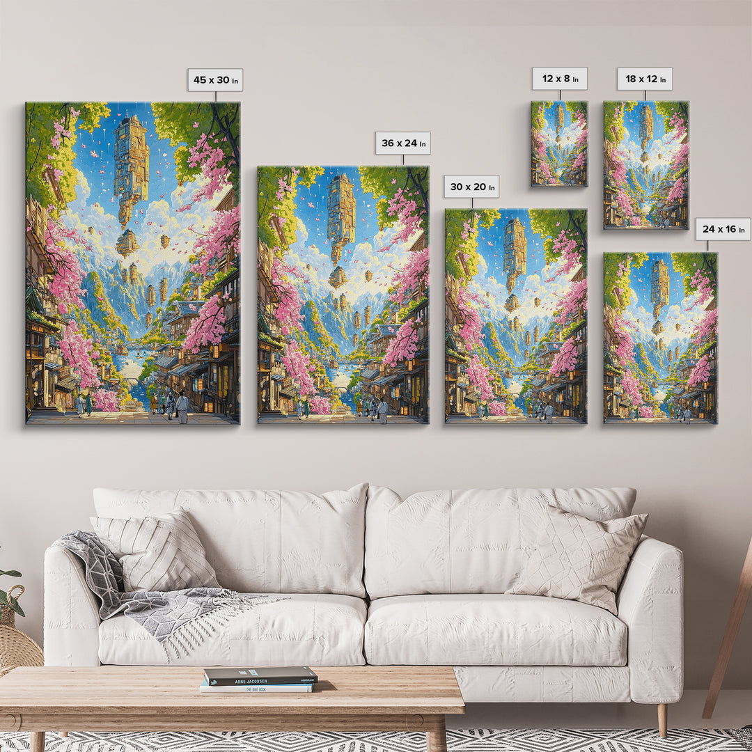 Floating Sky Tower Over Sakura Village Wall Art, Japanese Fantasy Landscape, Surreal Art Print, Statement Living Room Decor