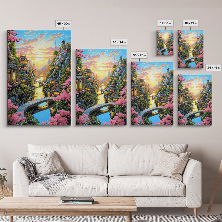 Sunset Canal Village With Sakura Framed Canvas Print, Japanese Landscape Wall Art, Romantic Coastal Home Decor, Gift For Her