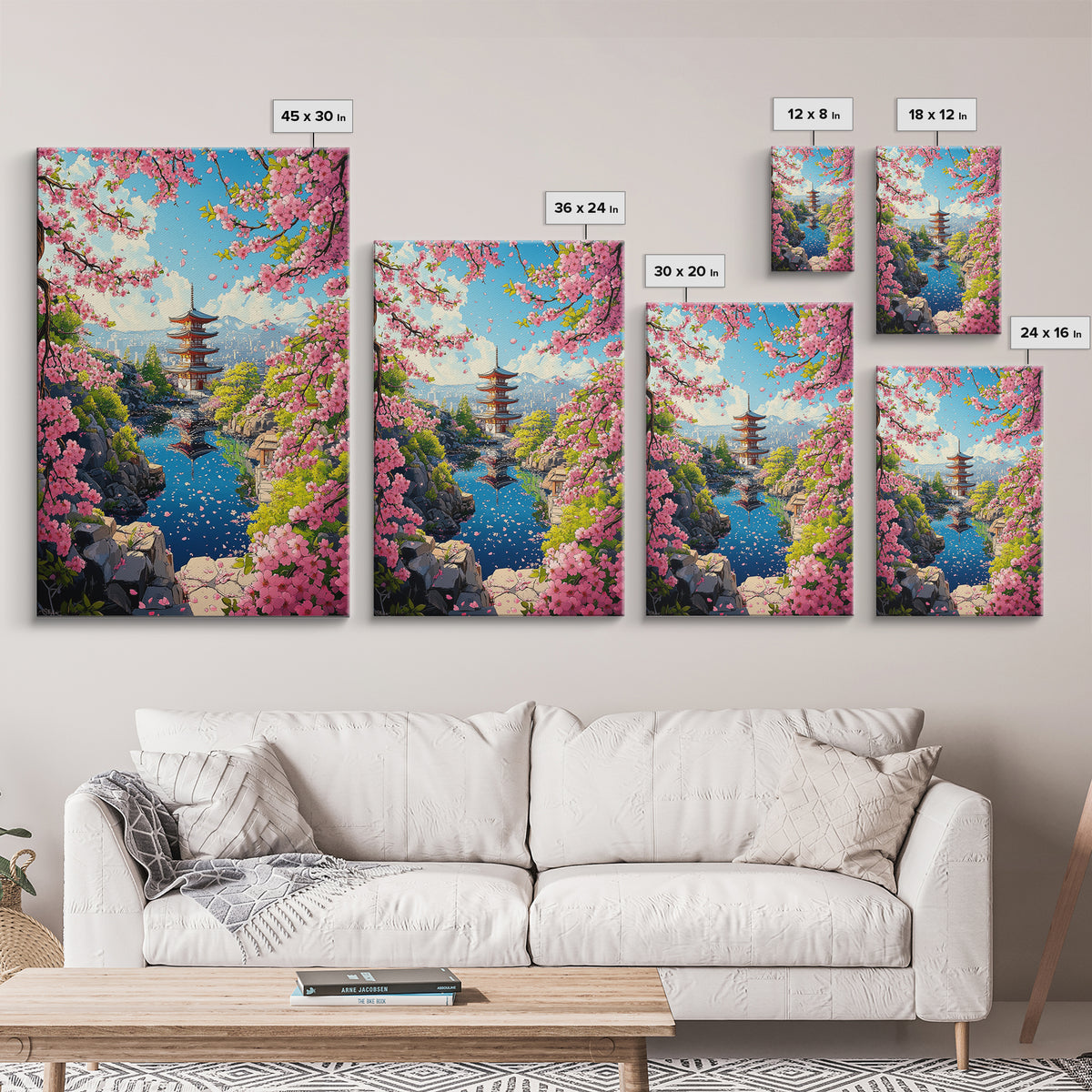Spring Pagoda With Pink Cherry Blossoms Canvas Print, Japanese Landscape Wall Art, Bright Zen Living Room Decor Gift For Her