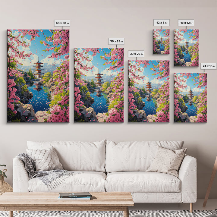Spring Pagoda With Pink Cherry Blossoms Canvas Print, Japanese Landscape Wall Art, Bright Zen Living Room Decor Gift For Her
